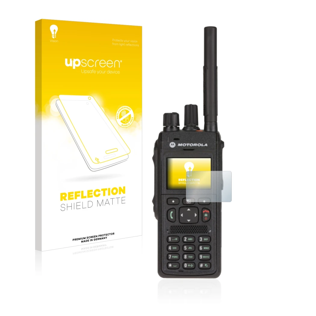 Face avant d’un emballage produit avec le logo de la marque upscreen. À côté, l’appareil Motorola MTP3550 est représenté avec