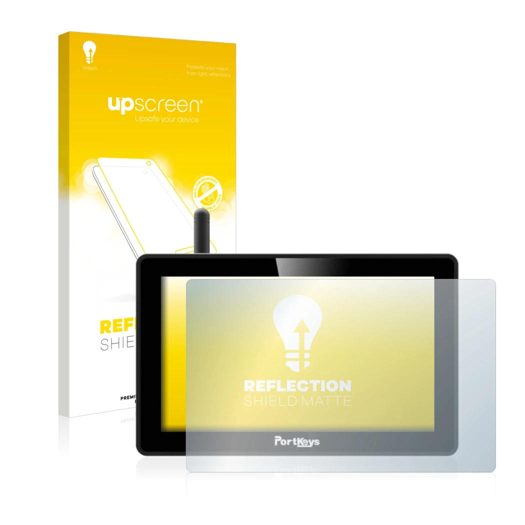 Face avant d’un emballage produit avec le logo de la marque upscreen. À côté, l’appareil Portkeys BM5 WR est représenté avec l