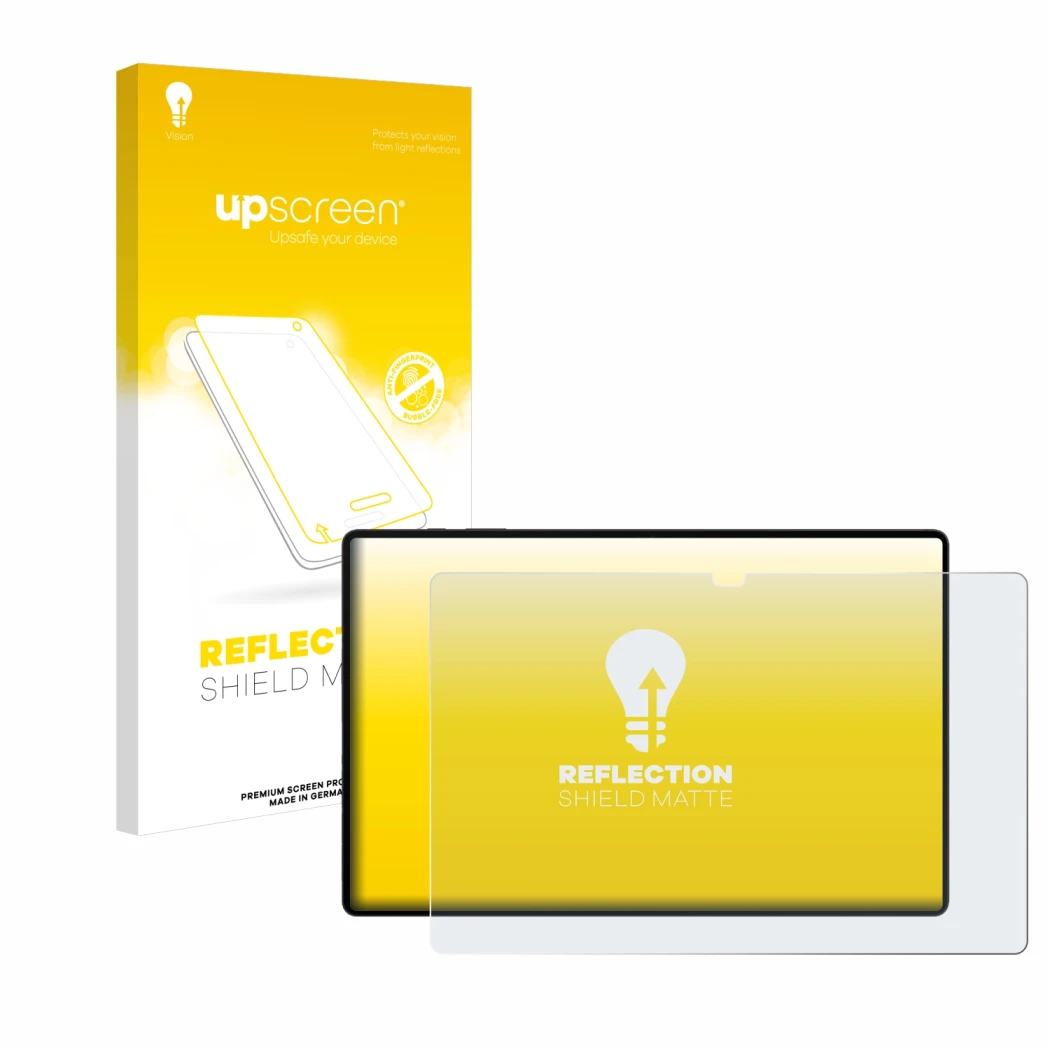 Face avant d’un emballage produit avec le logo de la marque upscreen. À côté, l’appareil Samsung Galaxy Tab S8 Ultra WiFi est