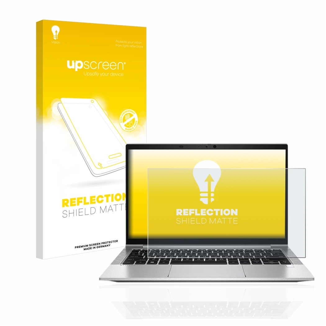 Face avant d’un emballage produit avec le logo de la marque upscreen. À côté, l’appareil HP EliteBook 830 G8 est représenté av