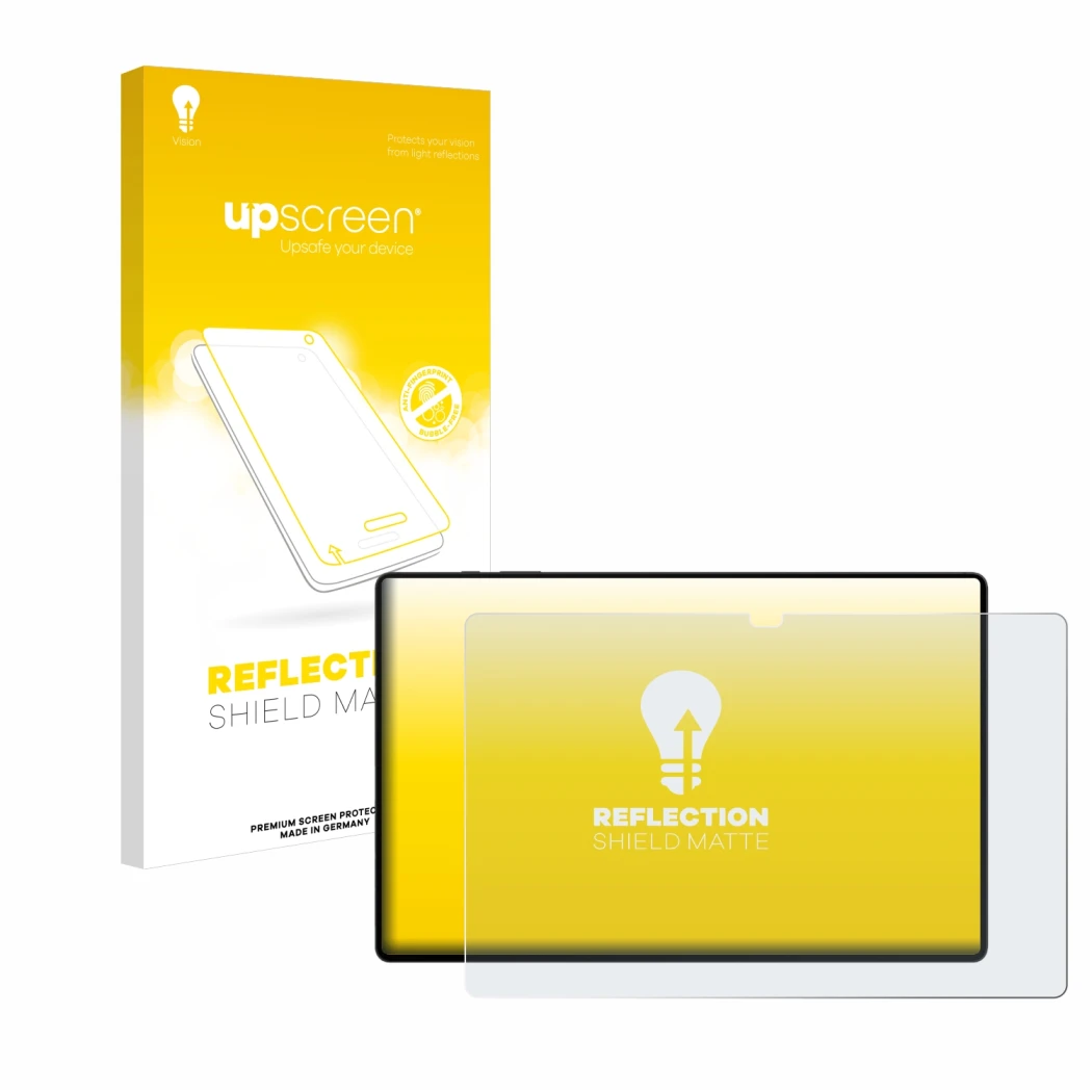 Face avant d’un emballage produit avec le logo de la marque upscreen. À côté, l’appareil Samsung Galaxy Tab S8 Ultra 5G est re