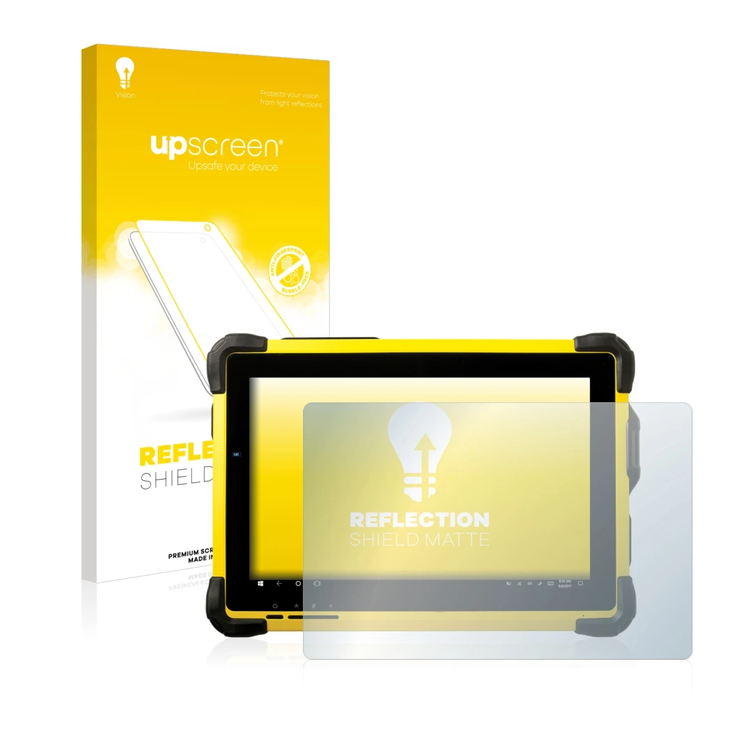 Face avant d’un emballage produit avec le logo de la marque upscreen. À côté, l’appareil Trimble T10 est représenté avec la pr