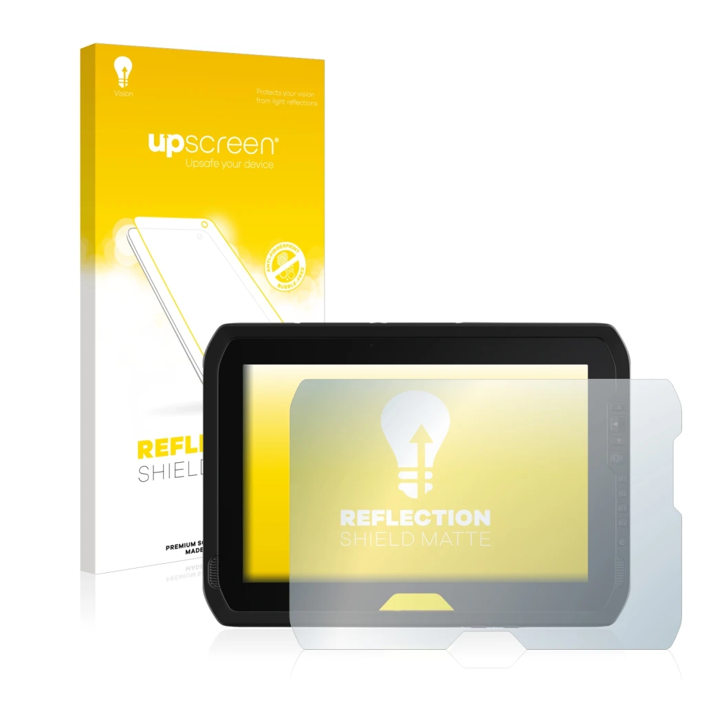 Face avant d’un emballage produit avec le logo de la marque upscreen. À côté, l’appareil Trimble T100 est représenté avec la p