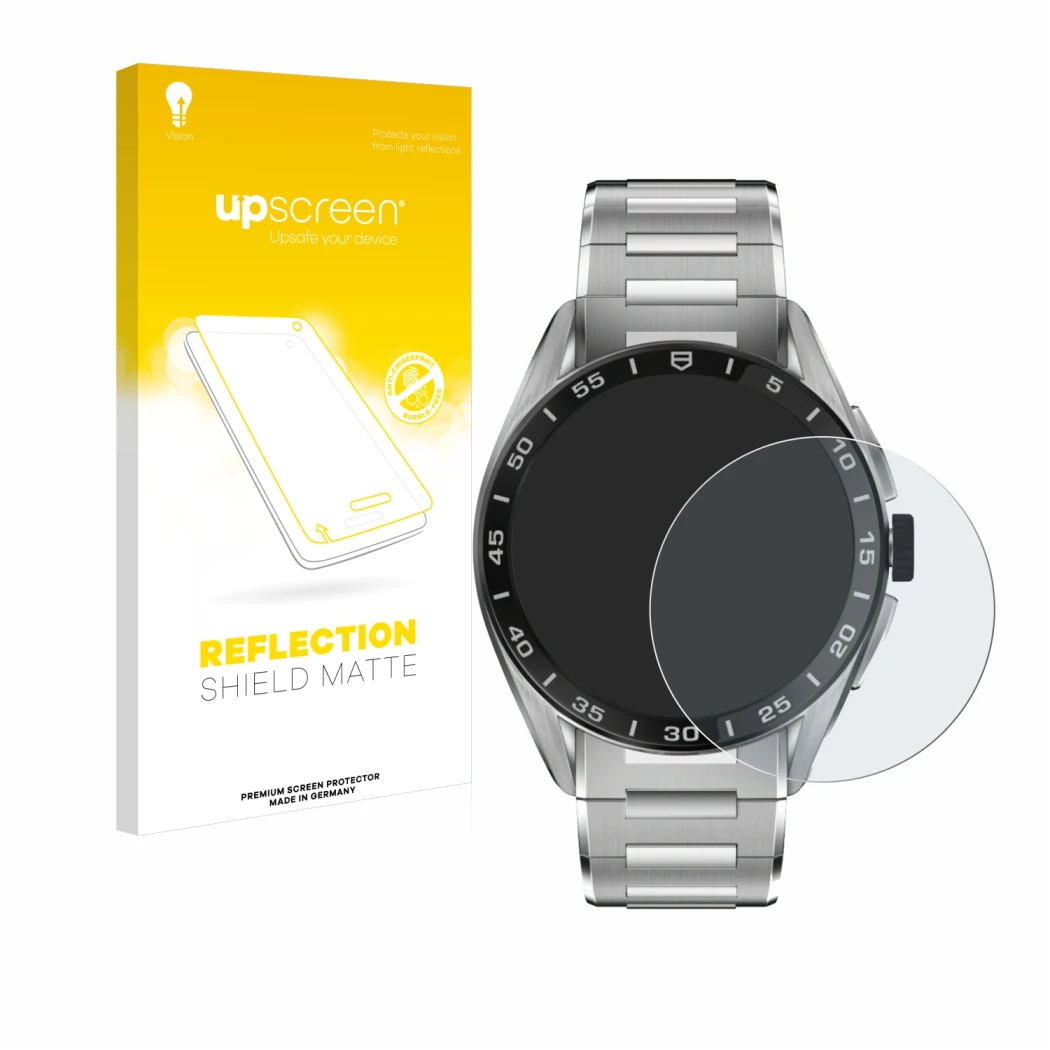 Face avant d’un emballage produit avec le logo de la marque upscreen. À côté, l’appareil TAG Heuer Connected Calibre E4 (45 mm