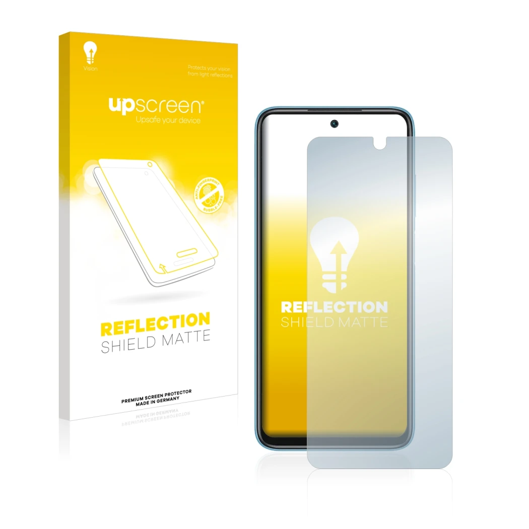 Face avant d’un emballage produit avec le logo de la marque upscreen. À côté, l’appareil Xiaomi Redmi 10 (2022) est représenté