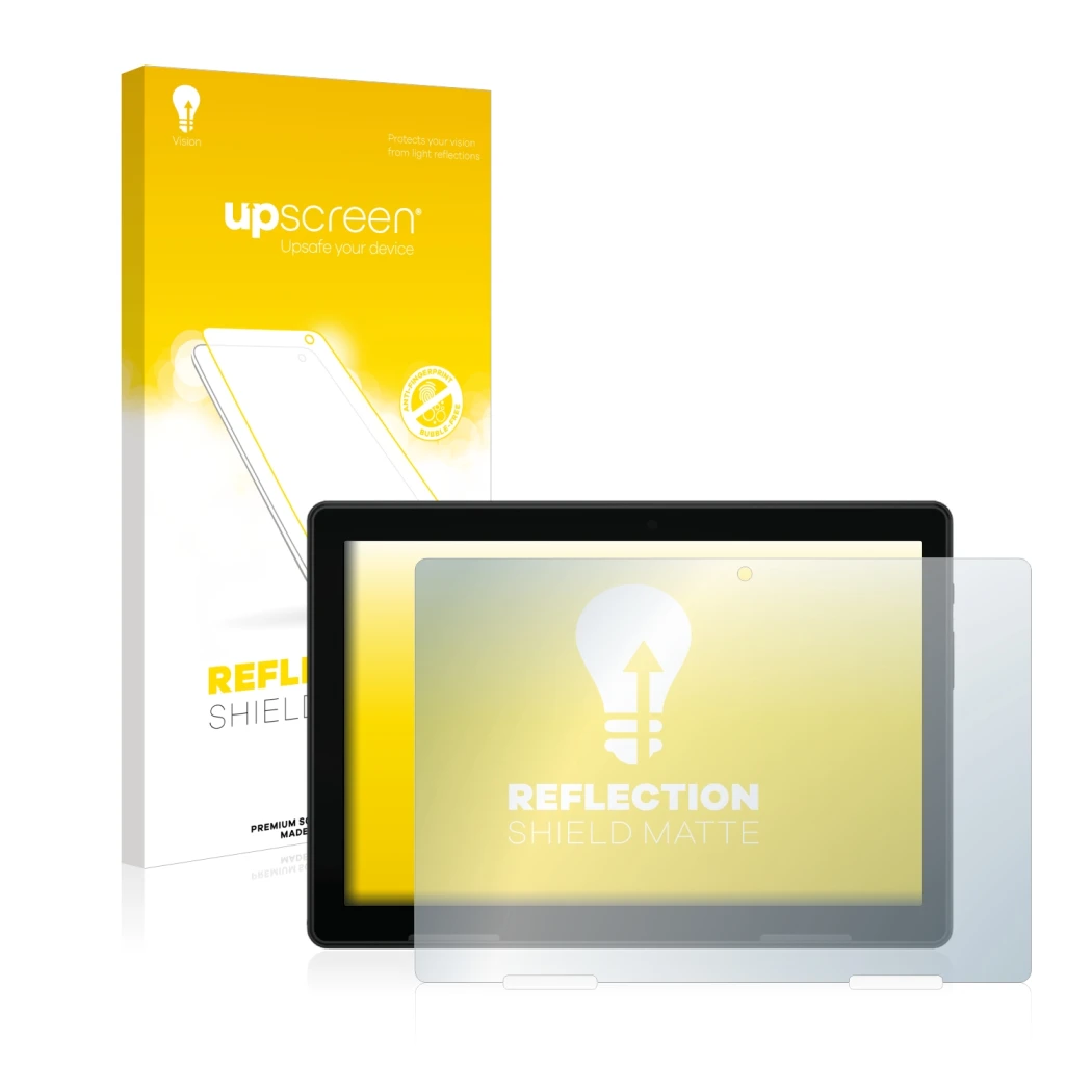 Face avant d’un emballage produit avec le logo de la marque upscreen. À côté, l’appareil MEDION Lifetab E10814 est représenté 