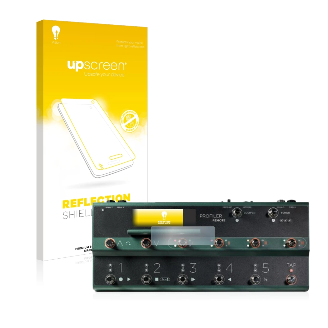 Face avant d’un emballage produit avec le logo de la marque upscreen. À côté, l’appareil Kemper Profiler Remote est représenté