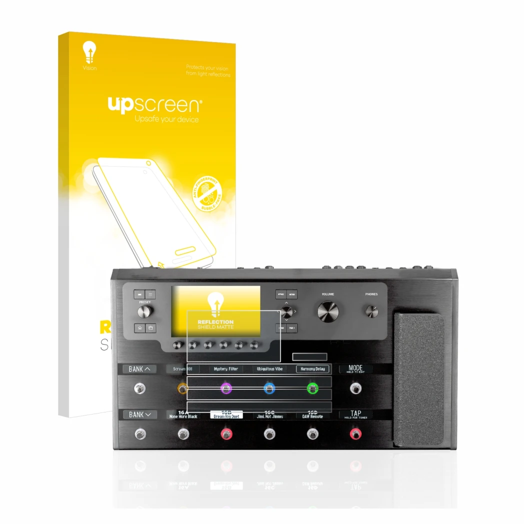 Face avant d’un emballage produit avec le logo de la marque upscreen. À côté, l’appareil Line 6 Helix Floor est représenté ave
