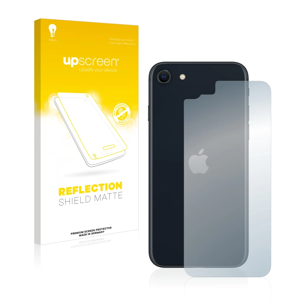 Face avant d’un emballage produit avec le logo de la marque upscreen. À côté, l’appareil Apple iPhone SE 3 2022 (Arrière) est 