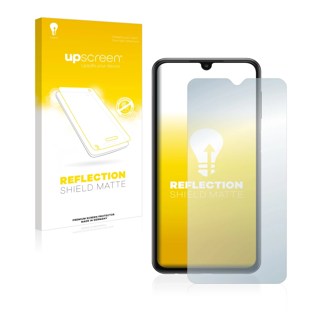 Face avant d’un emballage produit avec le logo de la marque upscreen. À côté, l’appareil Samsung Galaxy A23 est représenté ave
