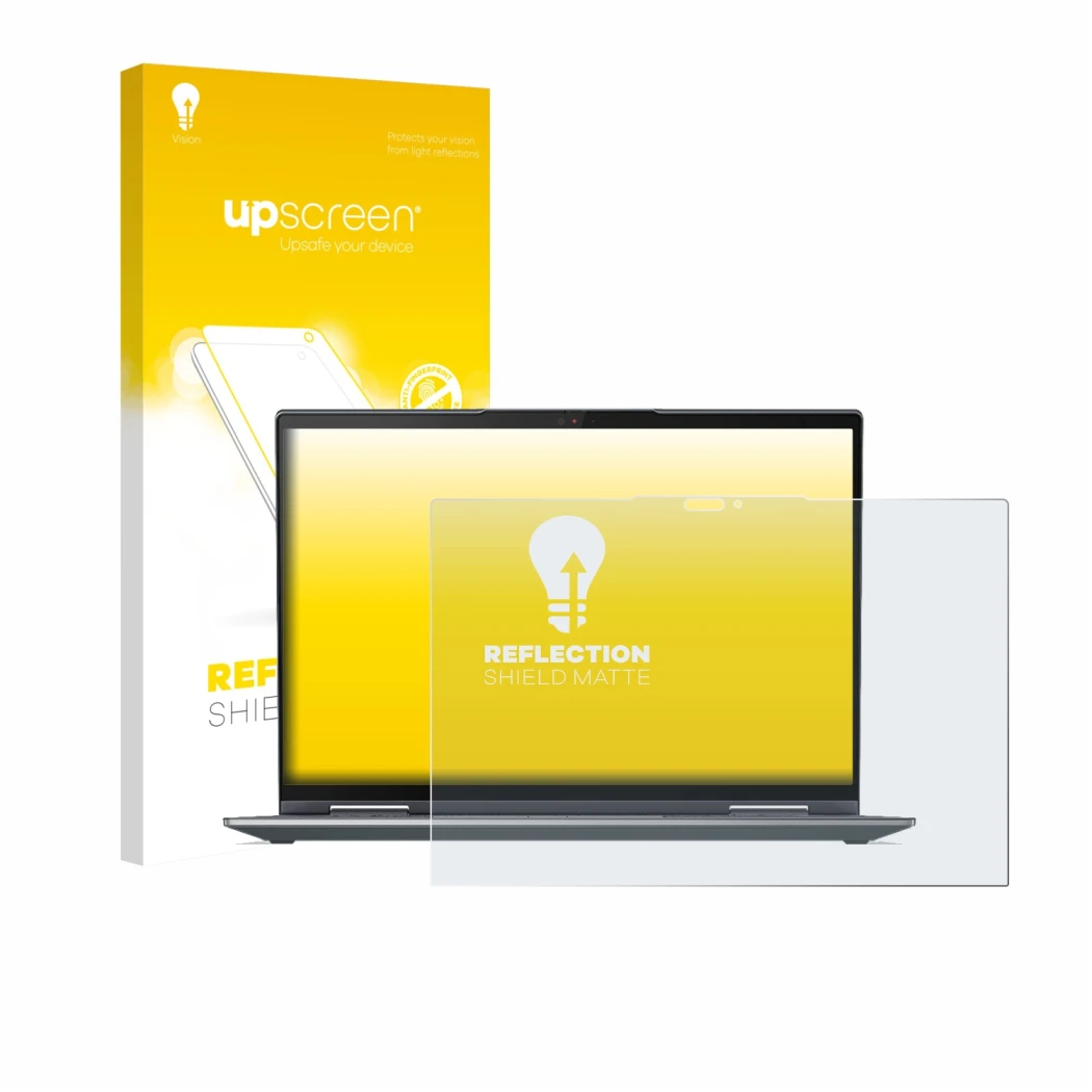 Face avant d’un emballage produit avec le logo de la marque upscreen. À côté, l’appareil Lenovo ThinkPad X1 Yoga Gen 7 est rep