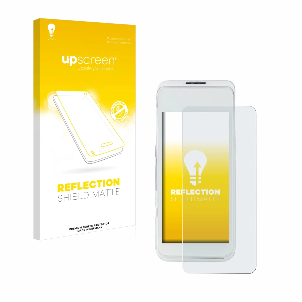 Face avant d’un emballage produit avec le logo de la marque upscreen. À côté, l’appareil Pax A920 Pro est représenté avec la p