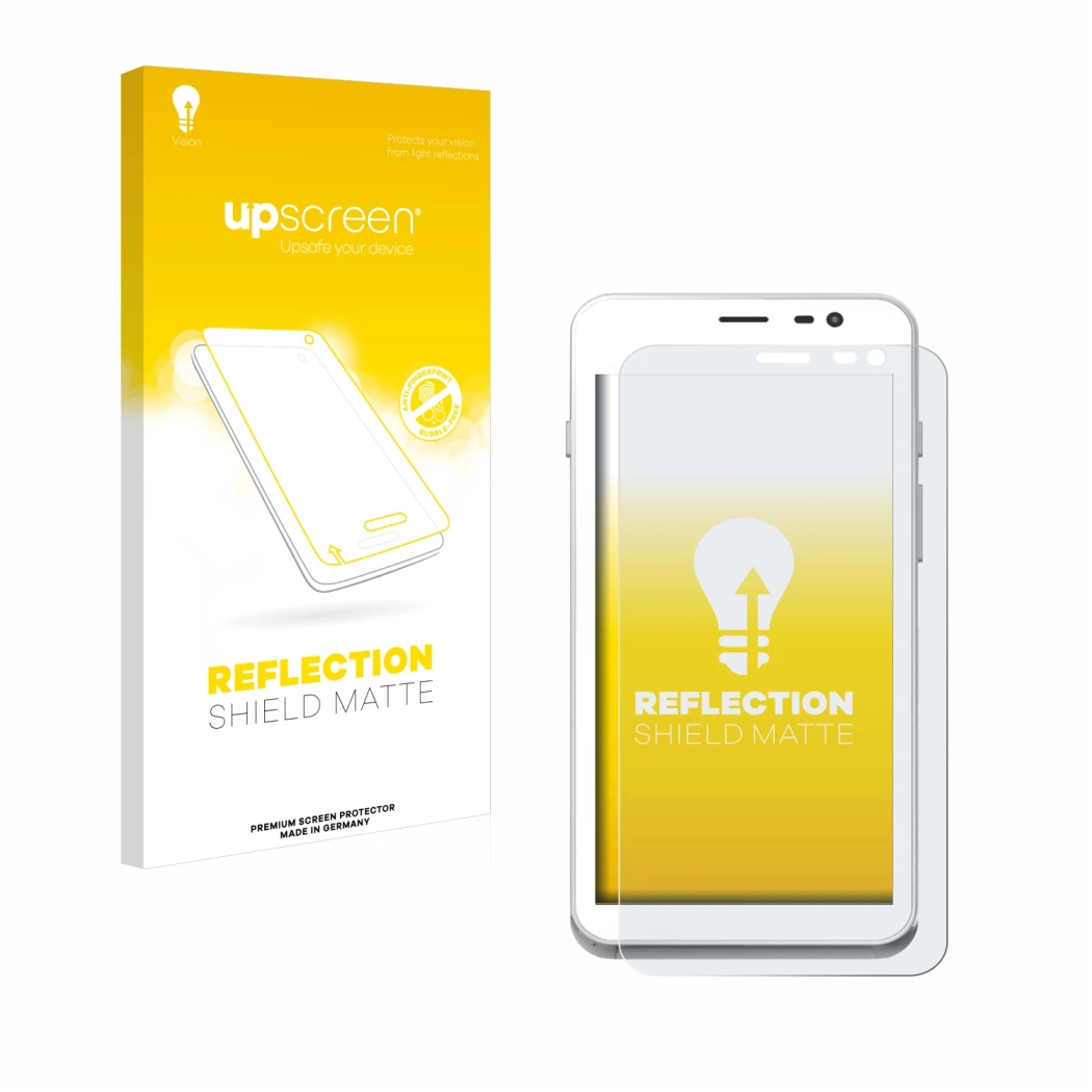 Face avant d’un emballage produit avec le logo de la marque upscreen. À côté, l’appareil Pax A77 est représenté avec la protec