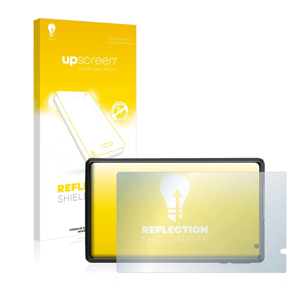 Face avant d’un emballage produit avec le logo de la marque upscreen. À côté, l’appareil Pritom L8 est représenté avec la prot