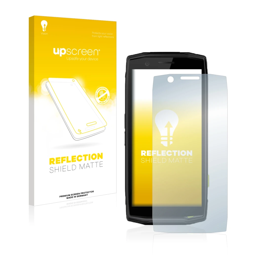 Face avant d’un emballage produit avec le logo de la marque upscreen. À côté, l’appareil Crosscall Action-X5 est représenté av