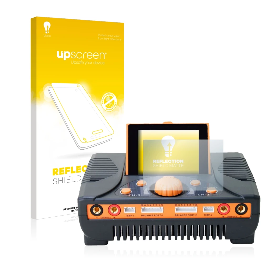 Face avant d’un emballage produit avec le logo de la marque upscreen. À côté, l’appareil Junsi iCharger 406 Duo est représenté