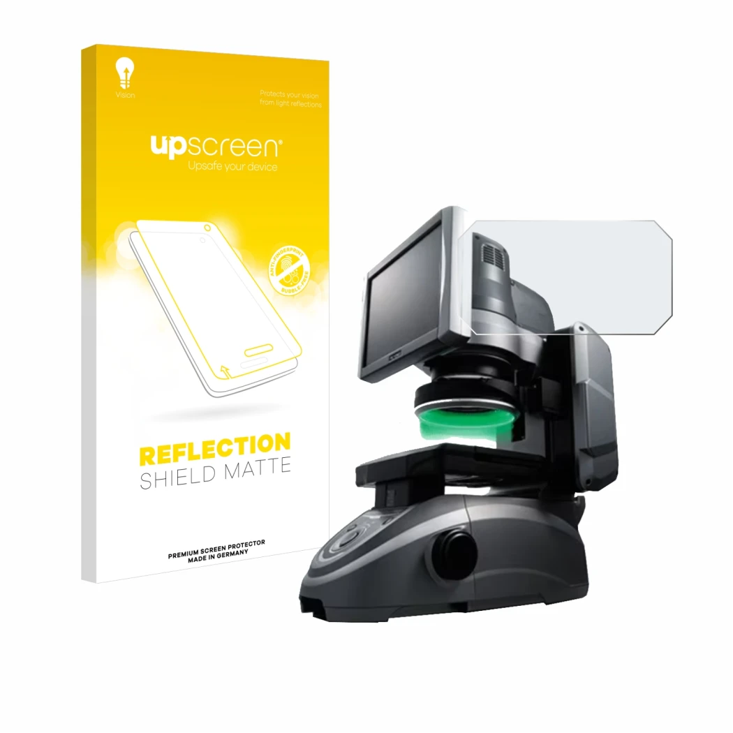 Face avant d’un emballage produit avec le logo de la marque upscreen. À côté, l’appareil Keyence IM-6125 Dessus en verre est r