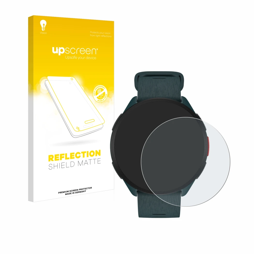 Face avant d’un emballage produit avec le logo de la marque upscreen. À côté, l’appareil Polar Pacer est représenté avec la pr