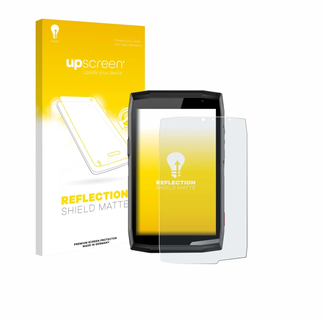 Face avant d’un emballage produit avec le logo de la marque upscreen. À côté, l’appareil Crosscall Core T5 est représenté avec