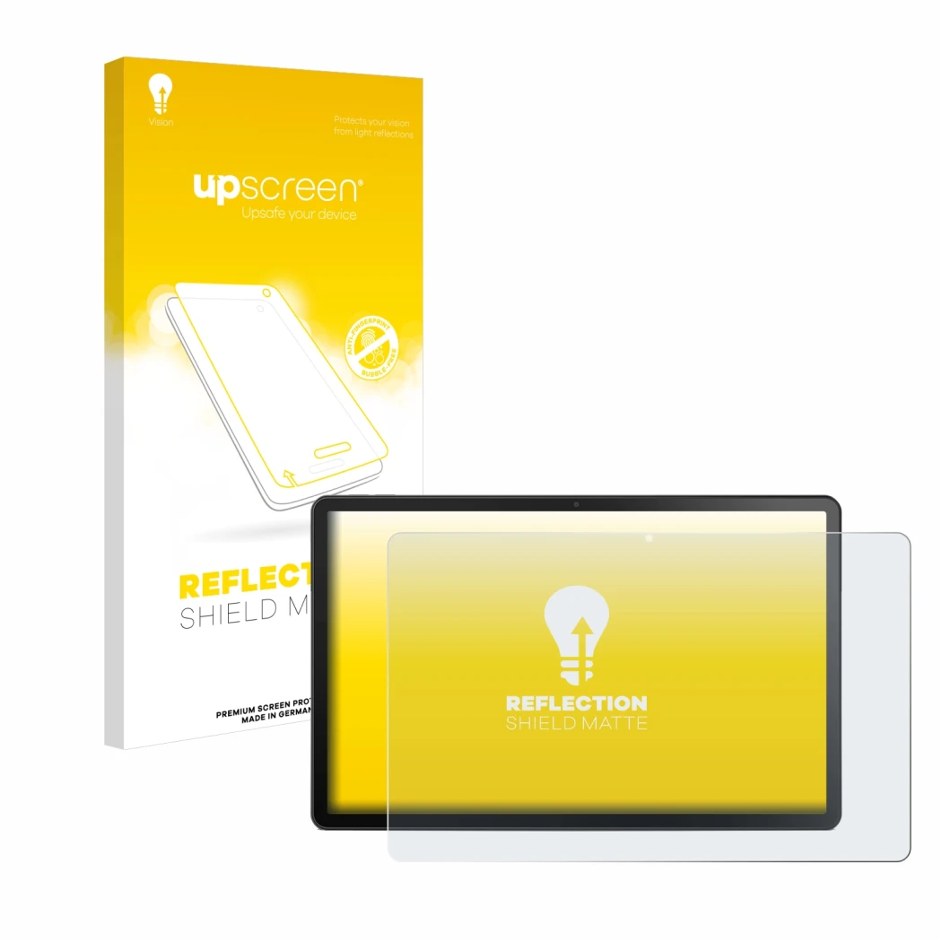 Face avant d’un emballage produit avec le logo de la marque upscreen. À côté, l’appareil Lenovo Tab M10 Plus (3ème Gen.) est r