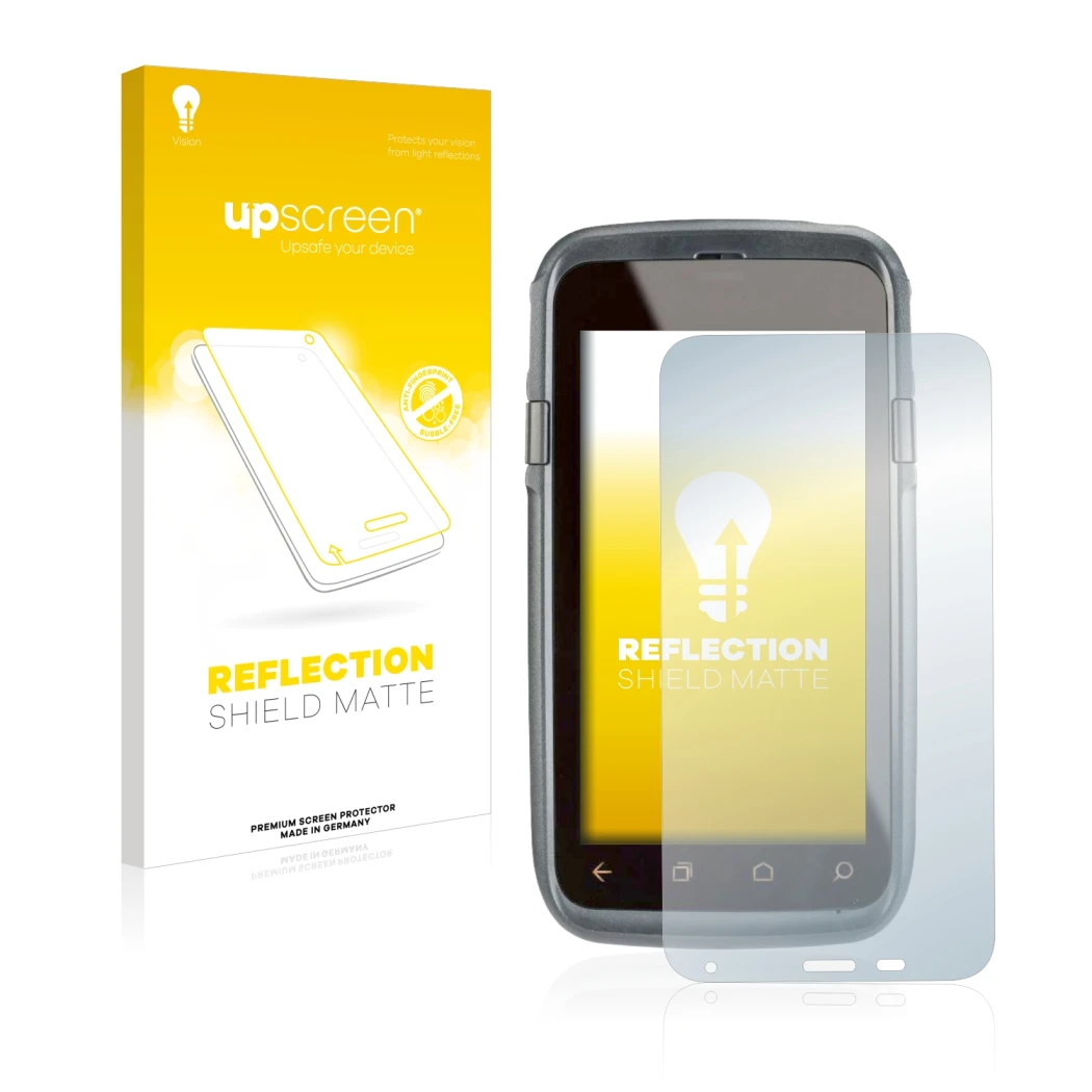 Face avant d’un emballage produit avec le logo de la marque upscreen. À côté, l’appareil Honeywell Dolphin CT60 XP est représe