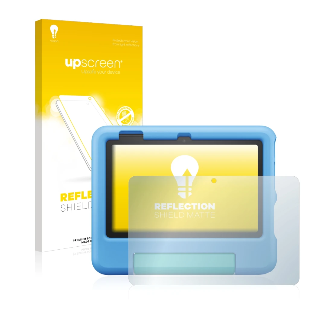 Face avant d’un emballage produit avec le logo de la marque upscreen. À côté, l’appareil Amazon Fire 7 Kids 2022 est représent