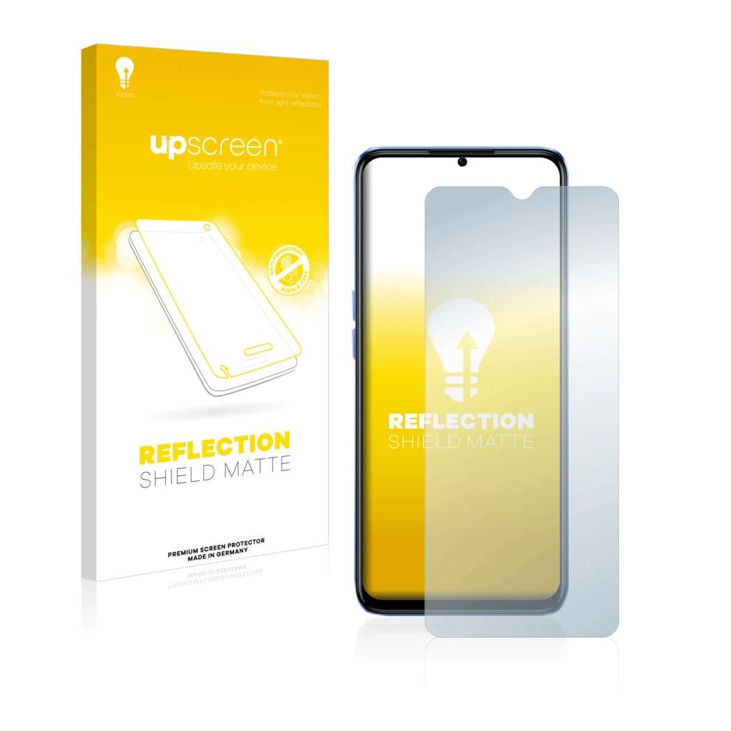 Face avant d’un emballage produit avec le logo de la marque upscreen. À côté, l’appareil realme Narzo 50 5G est représenté ave