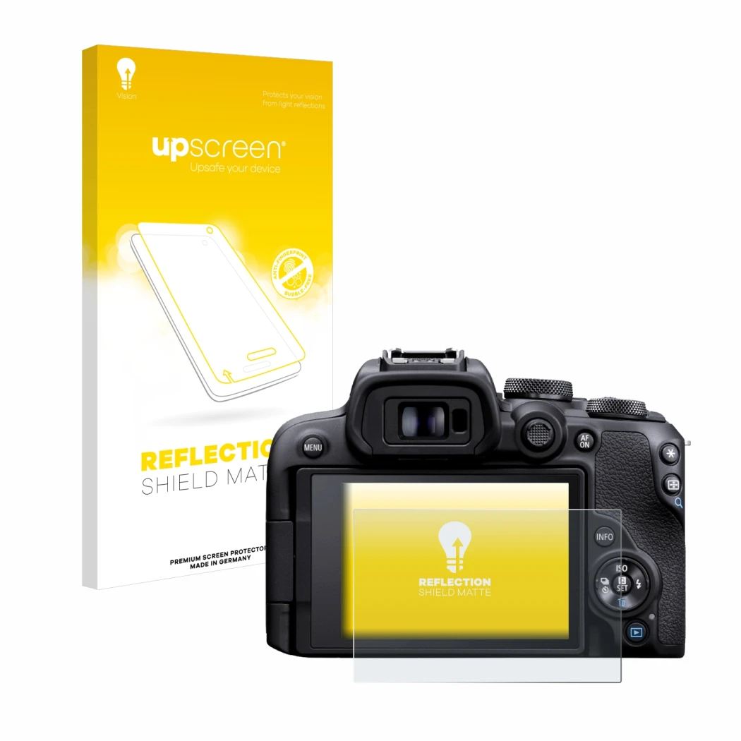 Face avant d’un emballage produit avec le logo de la marque upscreen. À côté, l’appareil Canon EOS R10 est représenté avec la