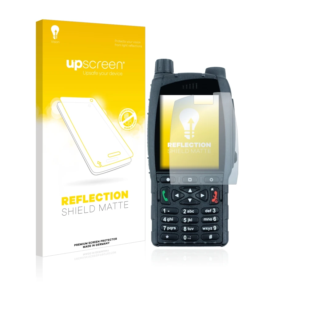 Face avant d’un emballage produit avec le logo de la marque upscreen. À côté, l’appareil Sepura SC21 est représenté avec la pr