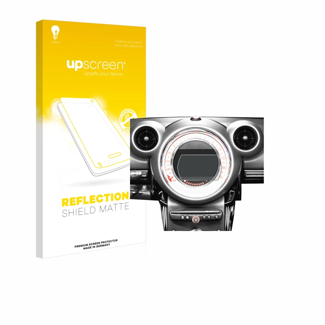 Face avant d’un emballage produit avec le logo de la marque upscreen. À côté, l’appareil Mini Countryman R60 2010-2016 Infotai