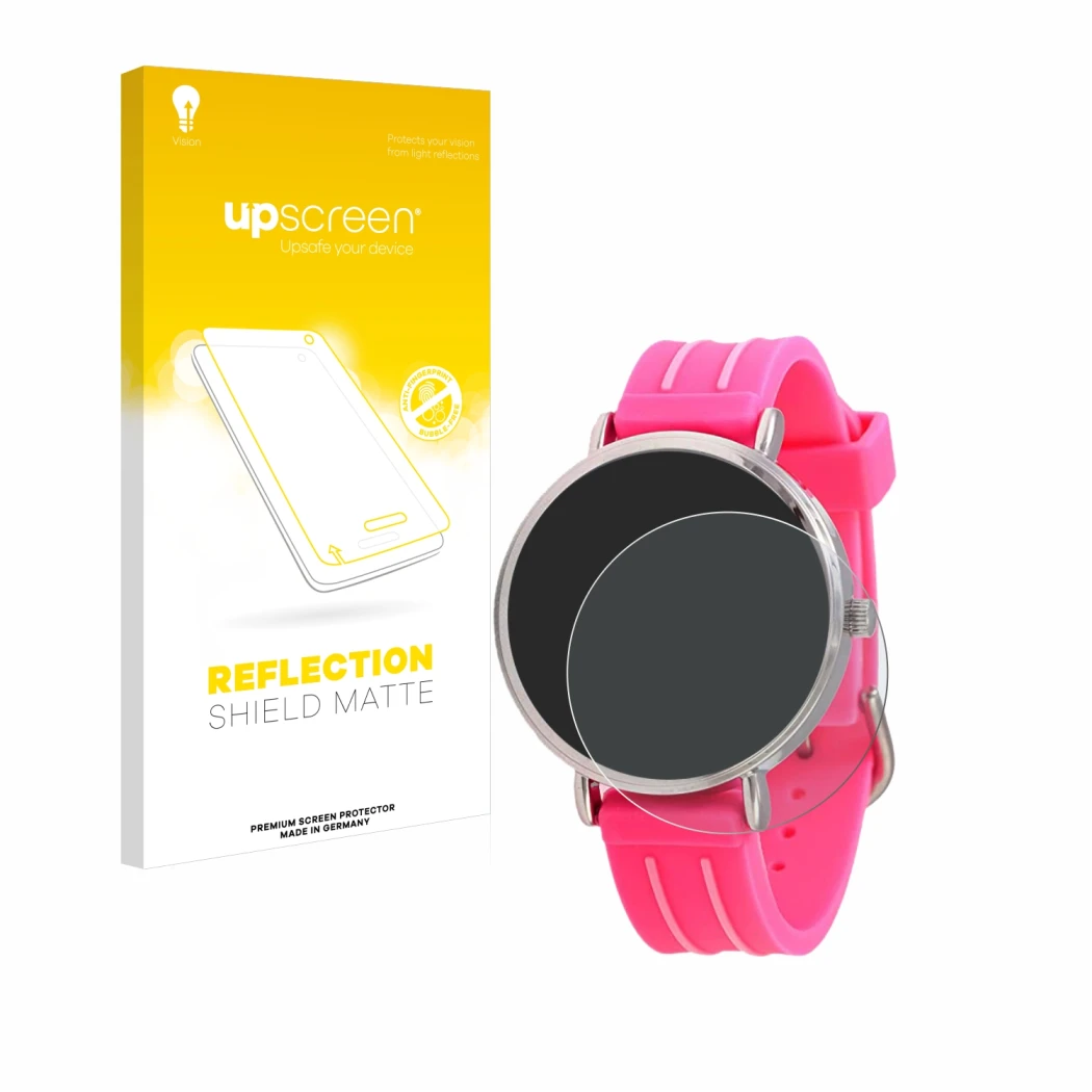 Face avant d’un emballage produit avec le logo de la marque upscreen. À côté, l’appareil Kiddus Children's Learning Watch est 