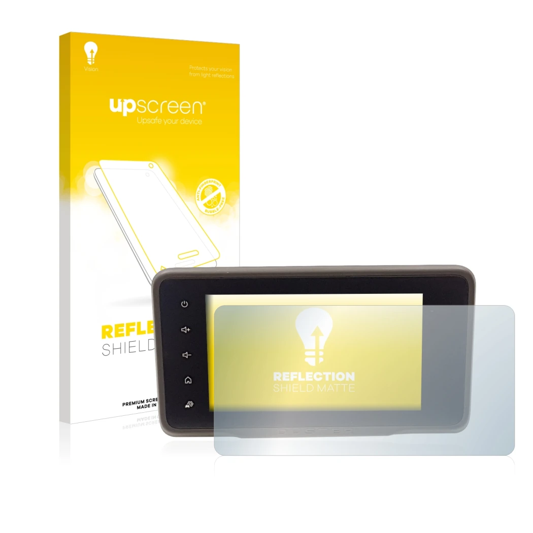 Face avant d’un emballage produit avec le logo de la marque upscreen. À côté, l’appareil Dacia Duster 2 MediaDisplay est repré