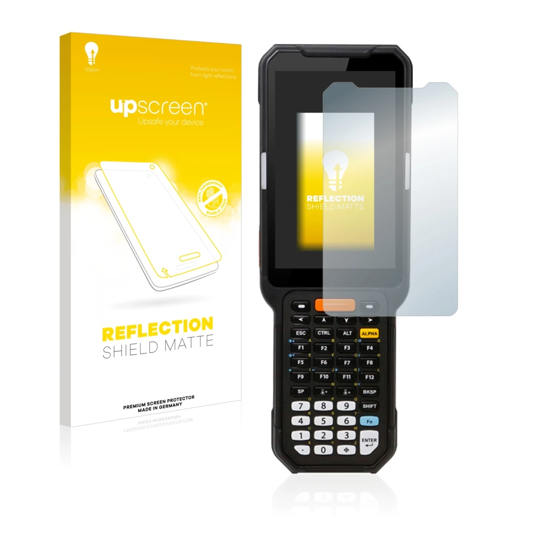 Face avant d’un emballage produit avec le logo de la marque upscreen. À côté, l’appareil Point Mobile PM451 est représenté ave