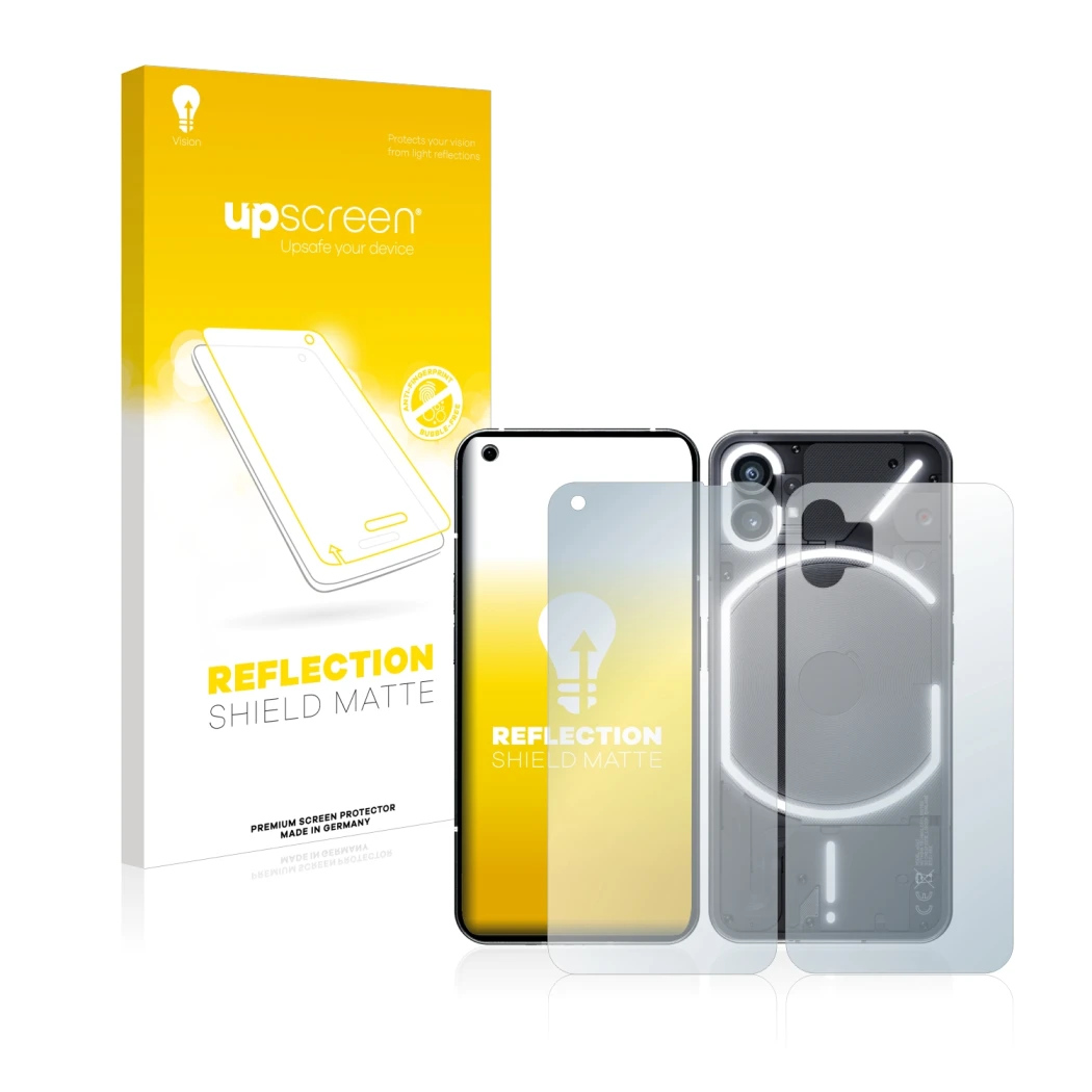 Face avant d’un emballage produit avec le logo de la marque upscreen. À côté, l’appareil Nothing Phone (1) (Avant+Arrière) est