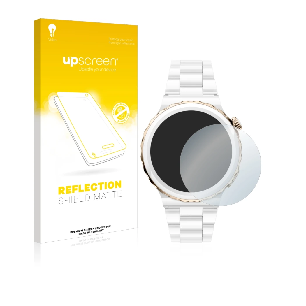 Face avant d’un emballage produit avec le logo de la marque upscreen. À côté, l’appareil Huawei Watch GT 3 Pro Ceramic (43mm)