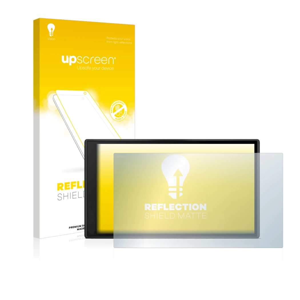 Face avant d’un emballage produit avec le logo de la marque upscreen. À côté, l’appareil Garmin DriveSmart 66 est représenté a