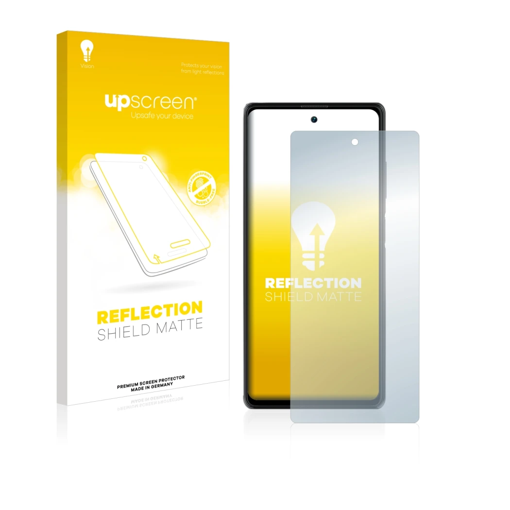 Face avant d’un emballage produit avec le logo de la marque upscreen. À côté, l’appareil Blackview A100 est représenté avec la