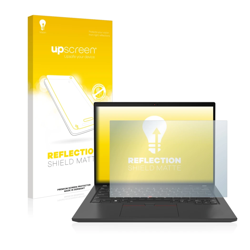 Face avant d’un emballage produit avec le logo de la marque upscreen. À côté, l’appareil Lenovo ThinkPad T14 Gen 3 est représe
