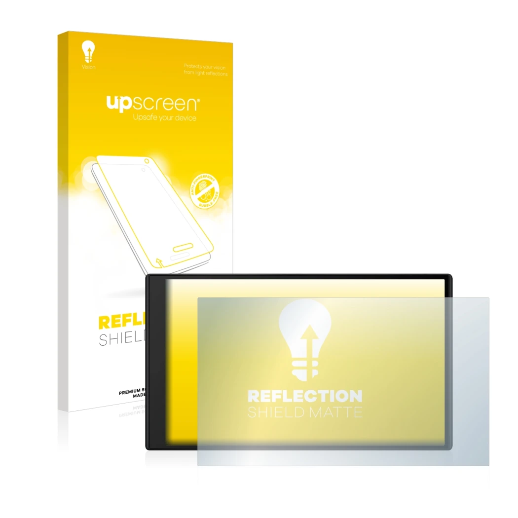 Face avant d’un emballage produit avec le logo de la marque upscreen. À côté, l’appareil Garmin DriveSmart 76 est représenté a