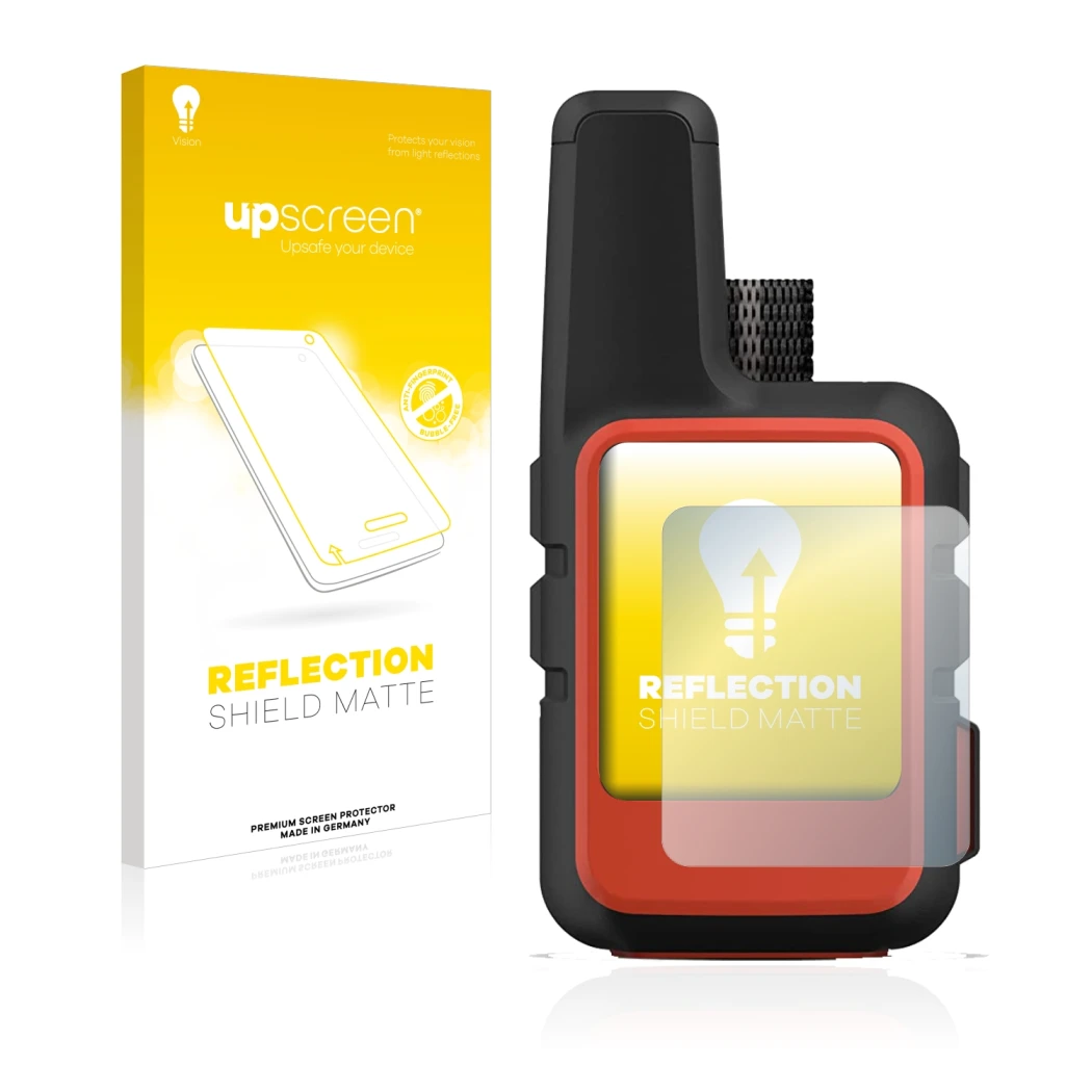 Face avant d’un emballage produit avec le logo de la marque upscreen. À côté, l’appareil Garmin inReach Mini 2 est représenté