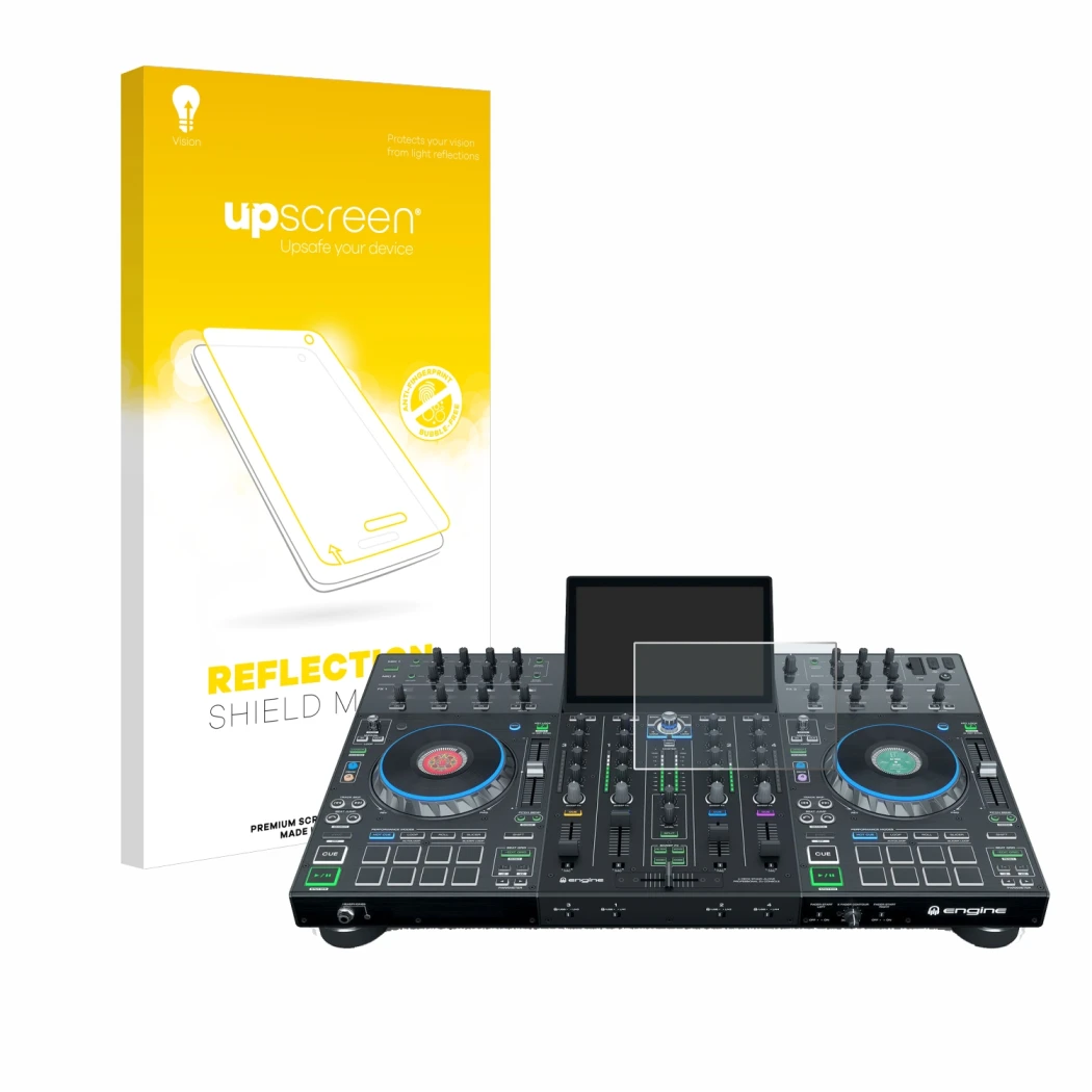 Face avant d’un emballage produit avec le logo de la marque upscreen. À côté, l’appareil Denon DJ Prime 4 est représenté avec