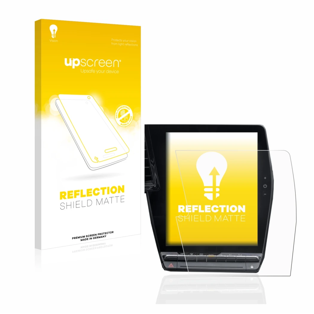 Face avant d’un emballage produit avec le logo de la marque upscreen. À côté, l’appareil Renault Megane E-Tech openR Link 12