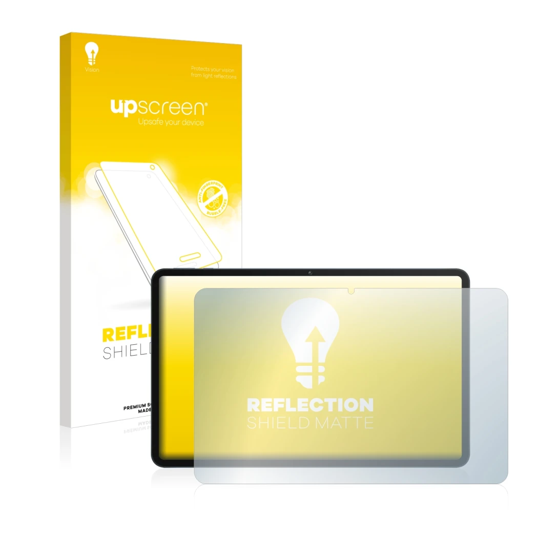 Face avant d’un emballage produit avec le logo de la marque upscreen. À côté, l’appareil Honor Pad 8 est représenté avec la pr