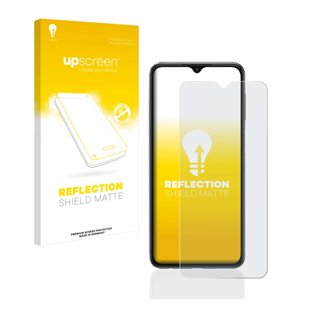 Face avant d’un emballage produit avec le logo de la marque upscreen. À côté, l’appareil Samsung Galaxy A23 5G est représenté 