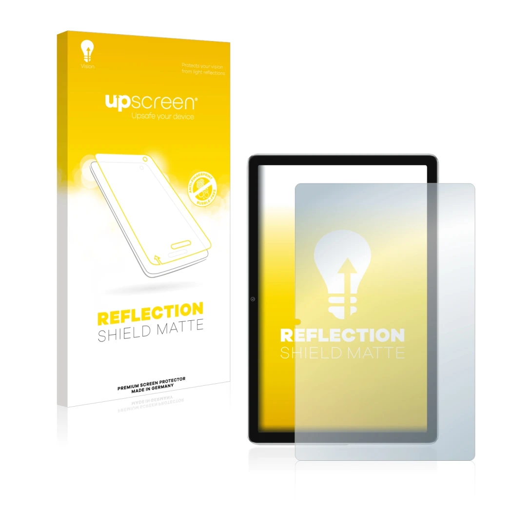 Face avant d’un emballage produit avec le logo de la marque upscreen. À côté, l’appareil Blackview Tab 13 est représenté avec