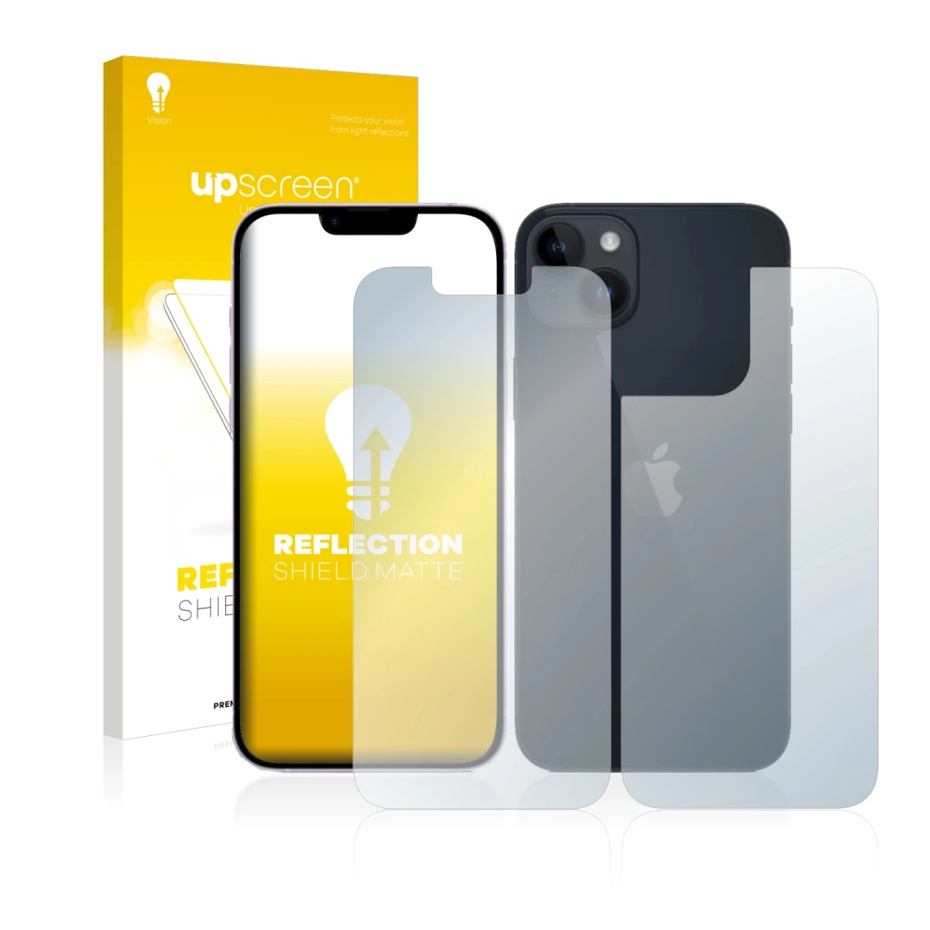 Face avant d’un emballage produit avec le logo de la marque upscreen. À côté, l’appareil Apple iPhone 14 (Avant+Arrière) est r