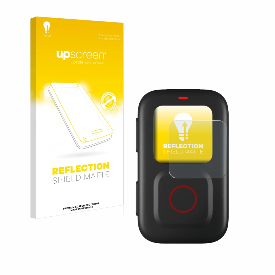 Face avant d’un emballage produit avec le logo de la marque upscreen. À côté, l’appareil GoPro Remote est représenté avec la p