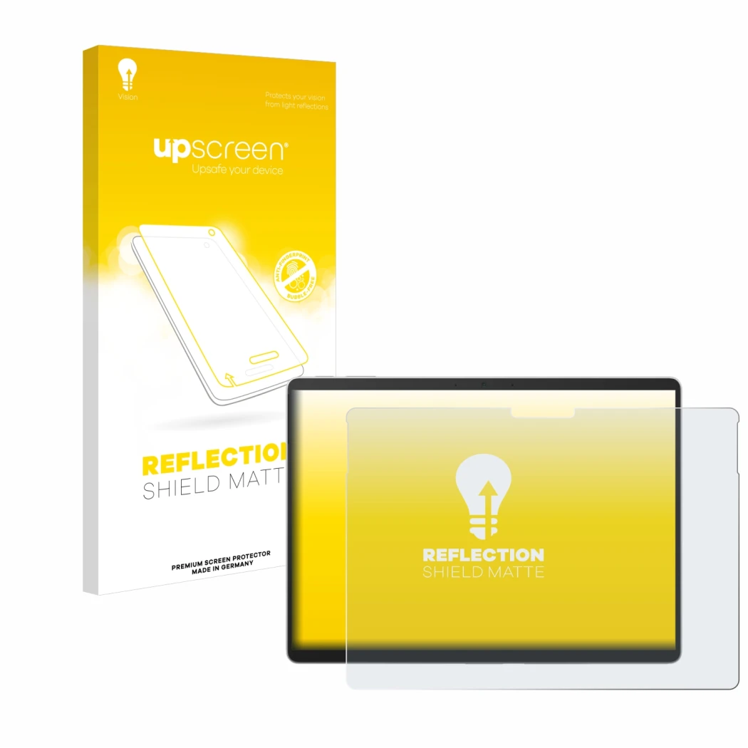 Face avant d’un emballage produit avec le logo de la marque upscreen. À côté, l’appareil Microsoft Surface Pro 9 est représent