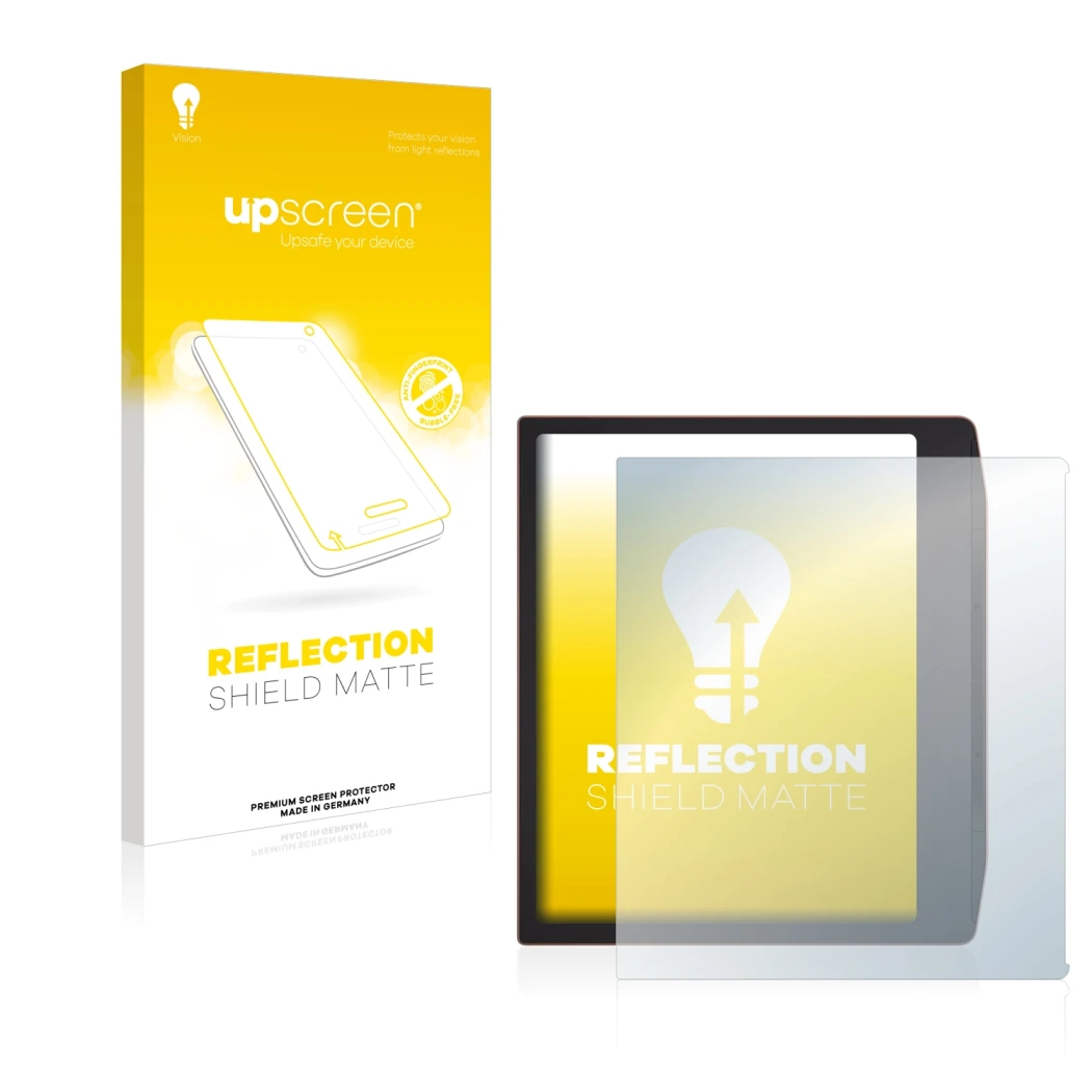 Face avant d’un emballage produit avec le logo de la marque upscreen. À côté, l’appareil PocketBook Era est représenté avec la