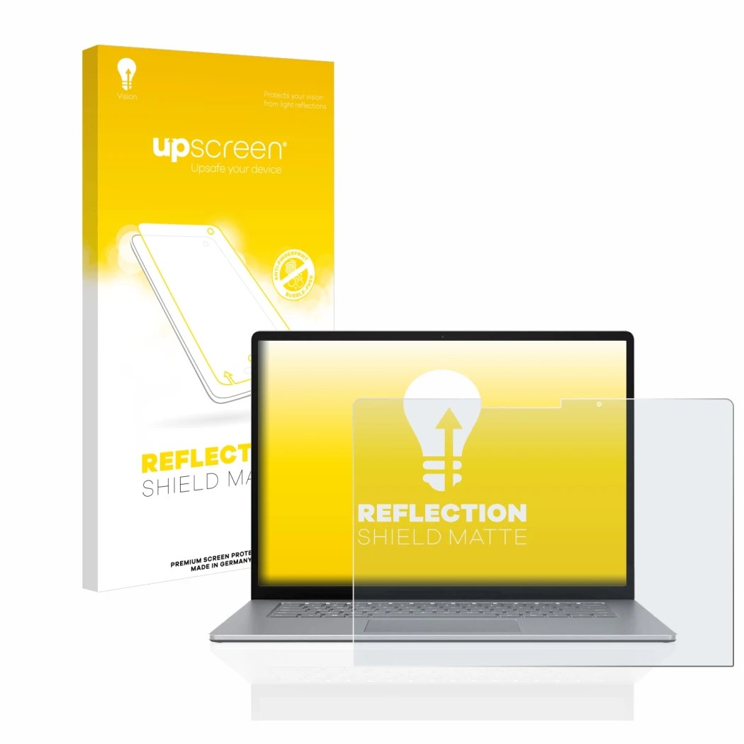 Face avant d’un emballage produit avec le logo de la marque upscreen. À côté, l’appareil Microsoft Surface Laptop 5 13.5